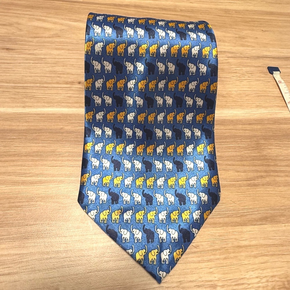 Ying Thai Silk Elephant Print Necktie Blue Yellow Hand Made 100% Silk Men Tie